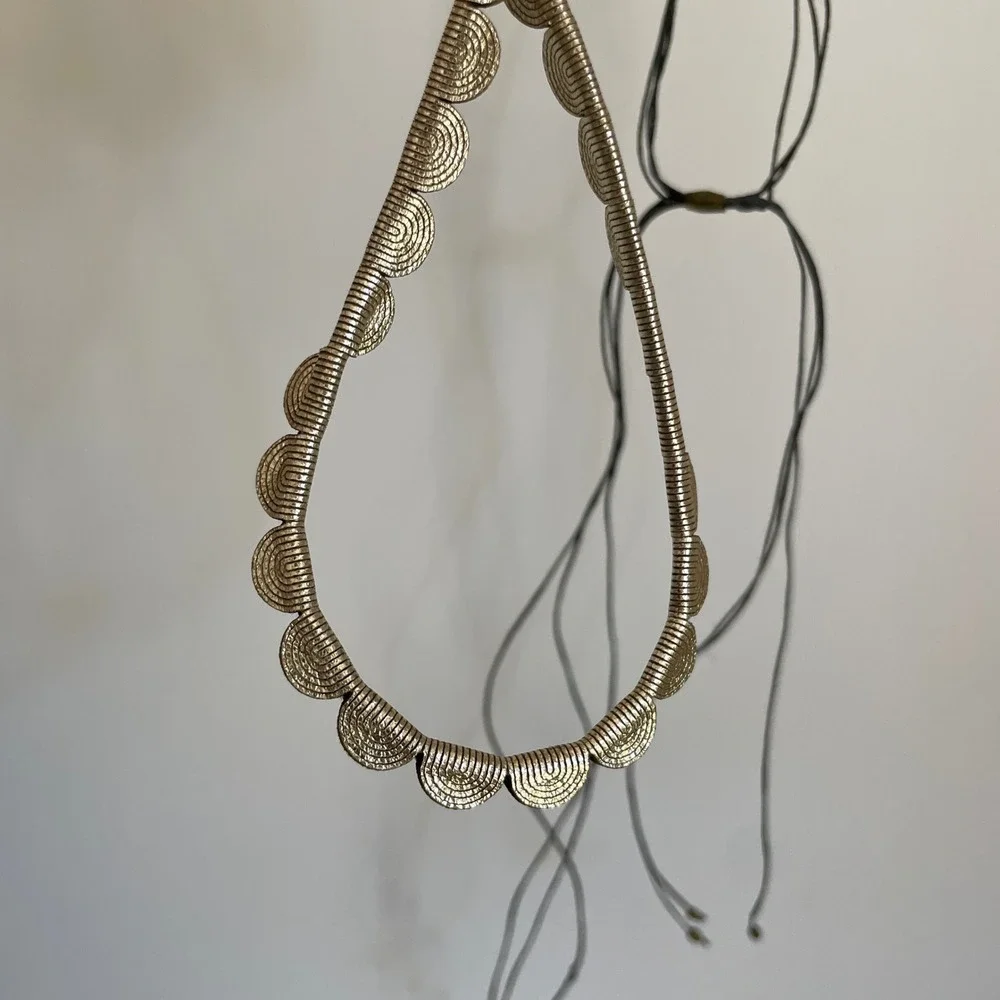 NWT Handmade Brass Leather Scalloped Coil Necklace Adjustable Black Cord